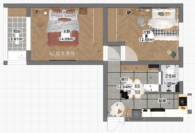 张桐玮｜珠江路653号1-304-59㎡-现代简约风格｜2室1厅1卫｜老房装修｜定制家｜全包10万｜00_03平面彩图